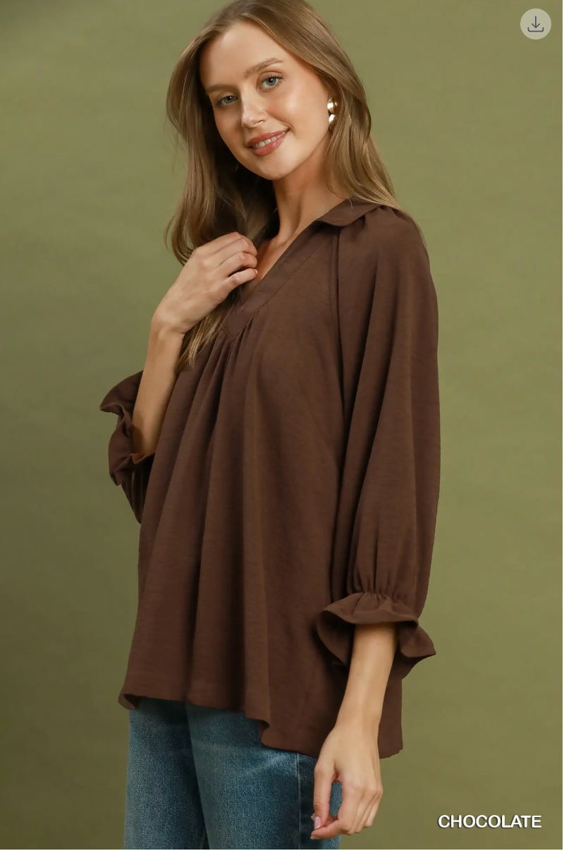 Umgee W Collared Split V-Neck Top CHOCOLATE