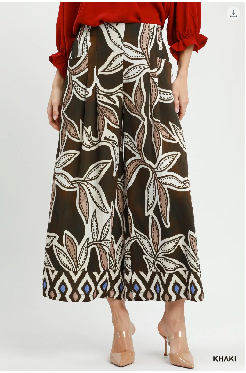 Umgee W Border Print Pleated Pants KHAKI