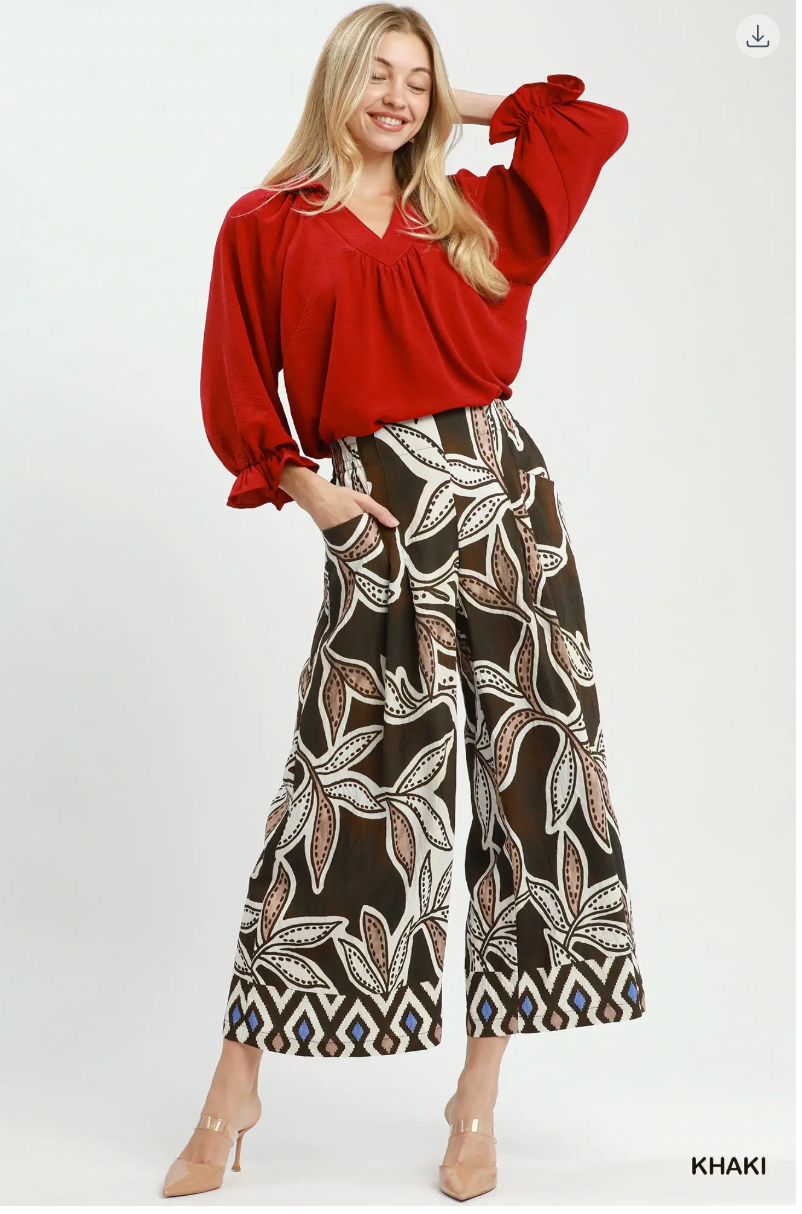 Umgee W Border Print Pleated Pants KHAKI