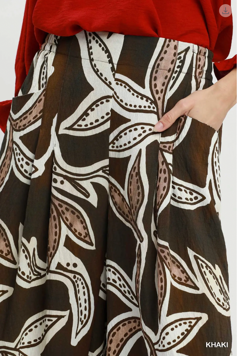 Umgee W Border Print Pleated Pants KHAKI