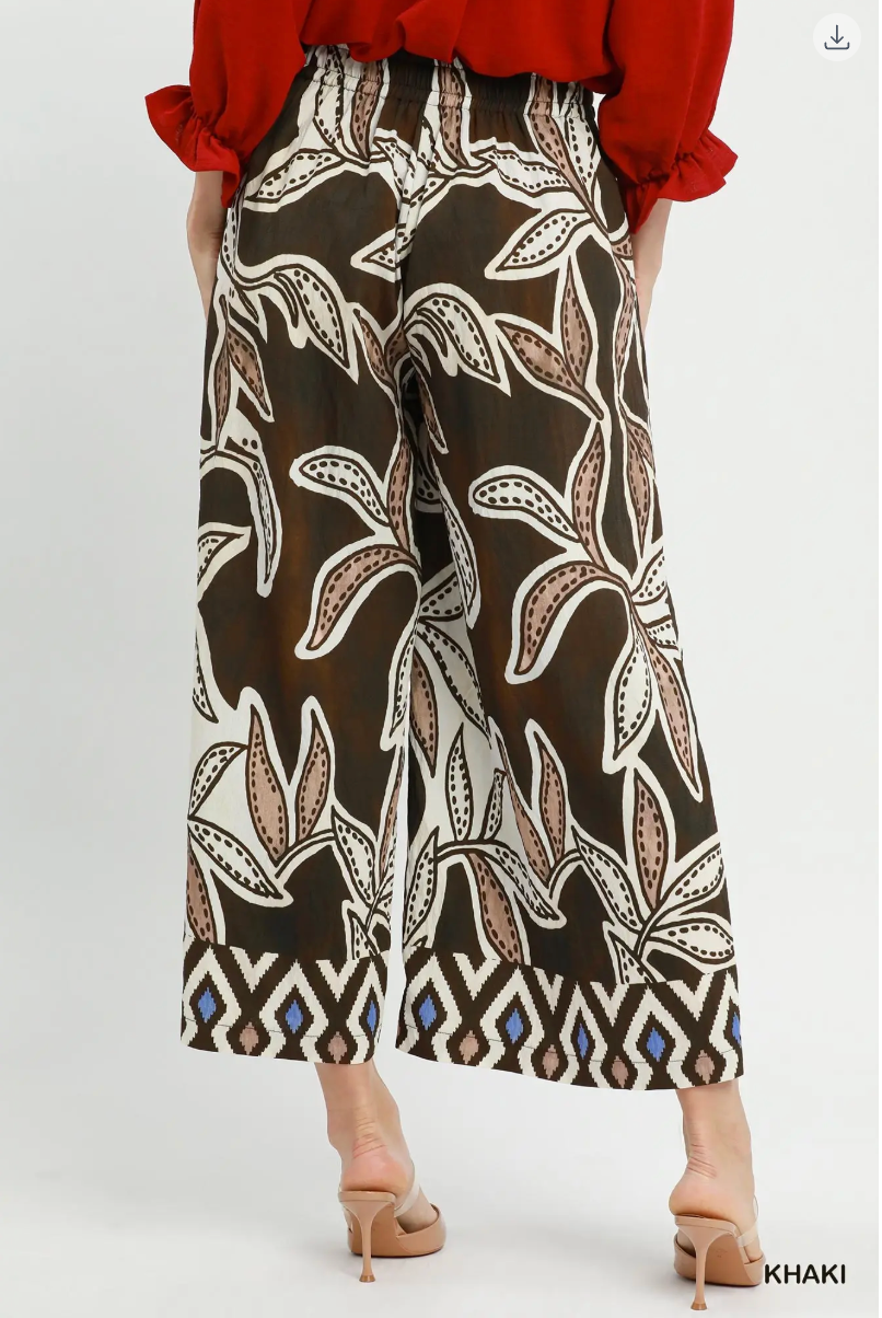 Umgee W Border Print Pleated Pants KHAKI