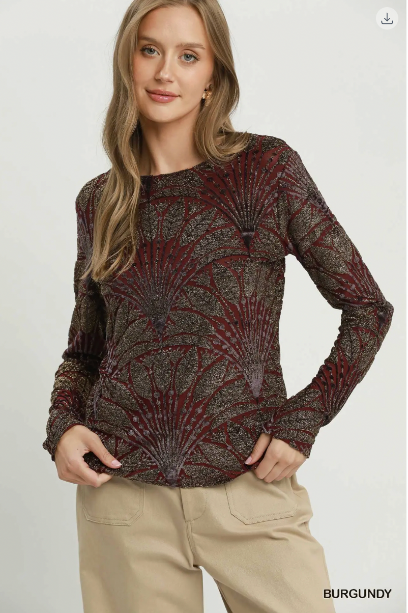 Umgee W LS Velvet Burn Out Top BURGUNDY