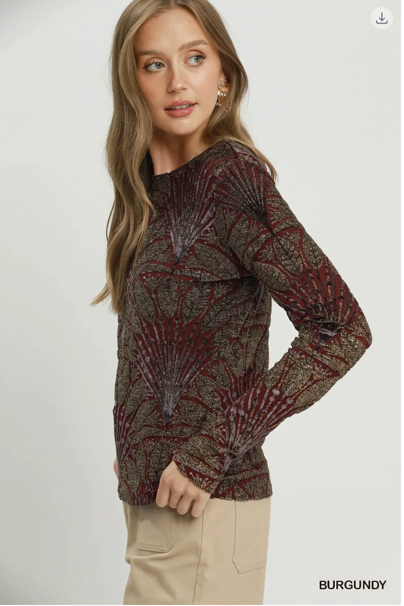 Umgee W LS Velvet Burn Out Top BURGUNDY