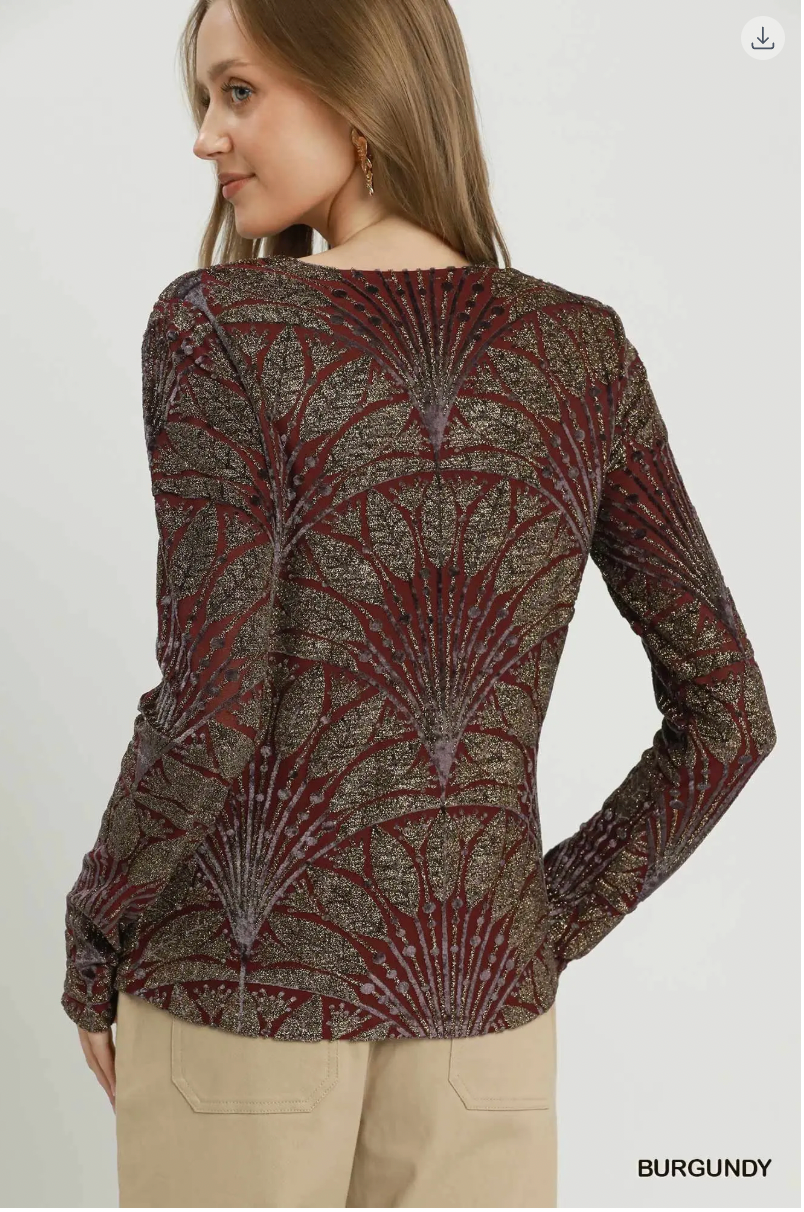 Umgee W LS Velvet Burn Out Top BURGUNDY