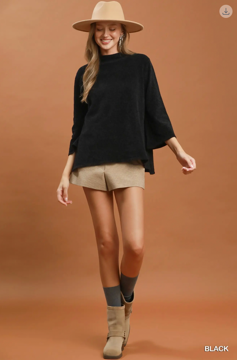 Umgee W Flare Sleeve Mock Neck Sweater BLACK