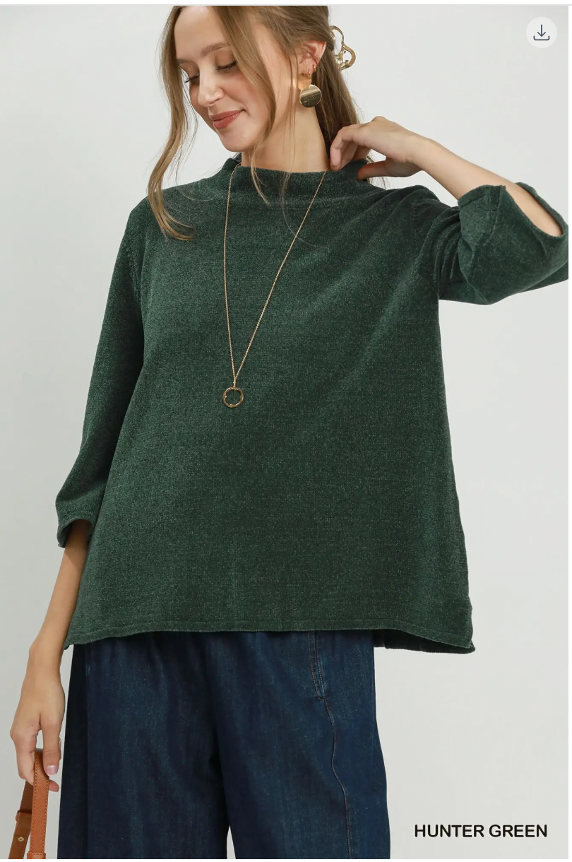 Umgee W Flare Sleeve Mock Neck Sweater HUNTER GREEN