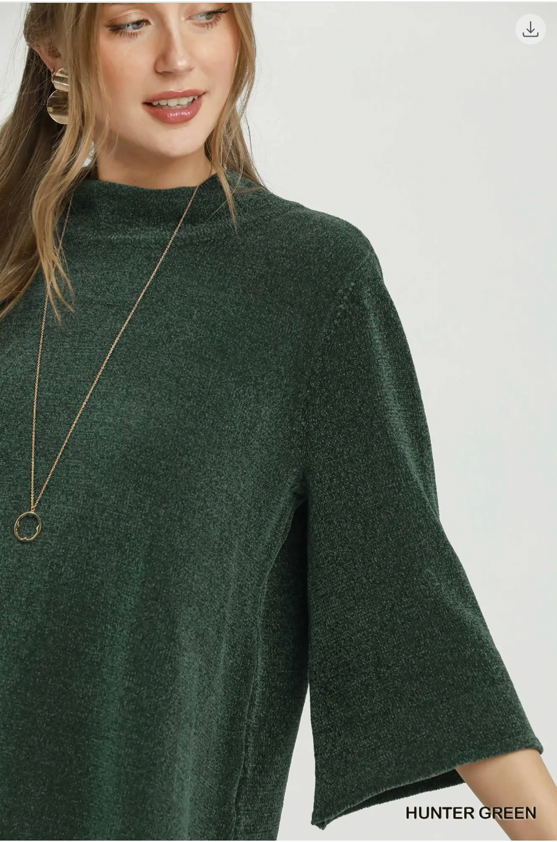 Umgee W Flare Sleeve Mock Neck Sweater HUNTER GREEN
