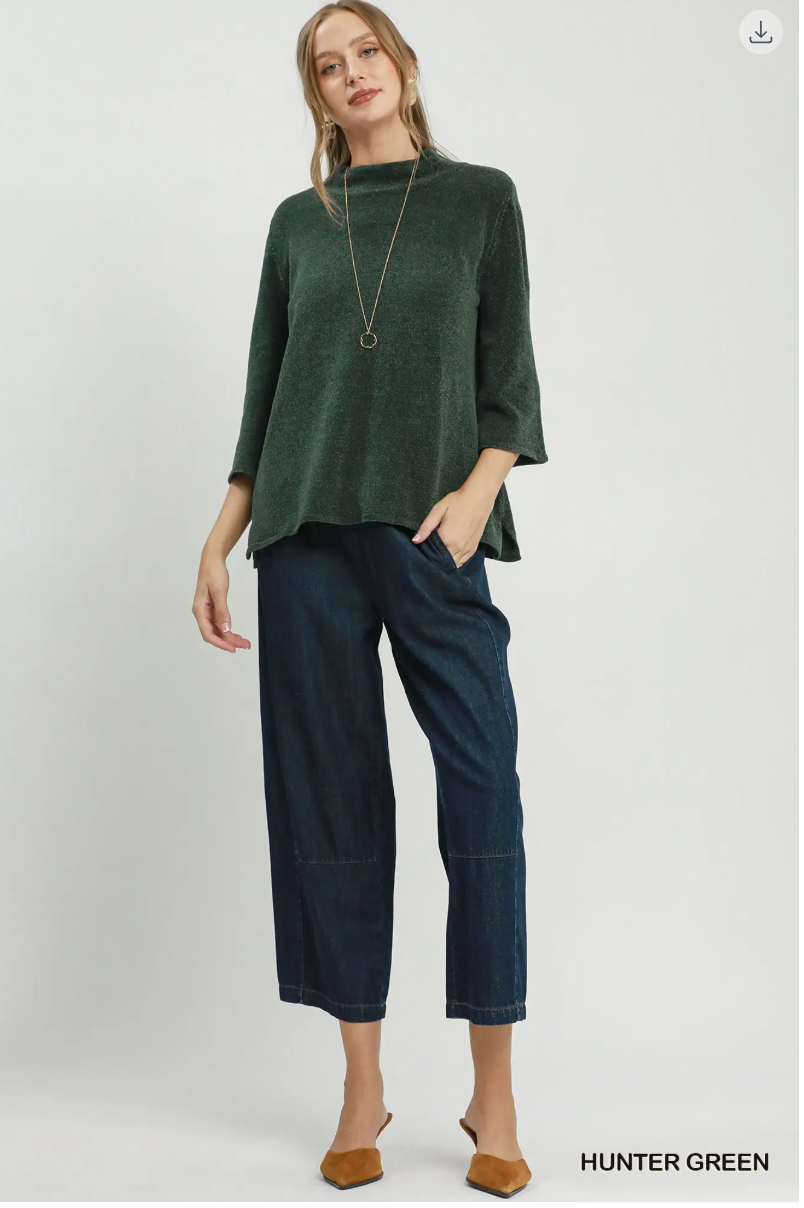 Umgee W Flare Sleeve Mock Neck Sweater HUNTER GREEN