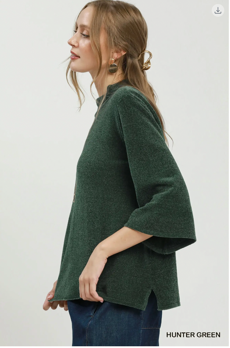 Umgee W Flare Sleeve Mock Neck Sweater HUNTER GREEN
