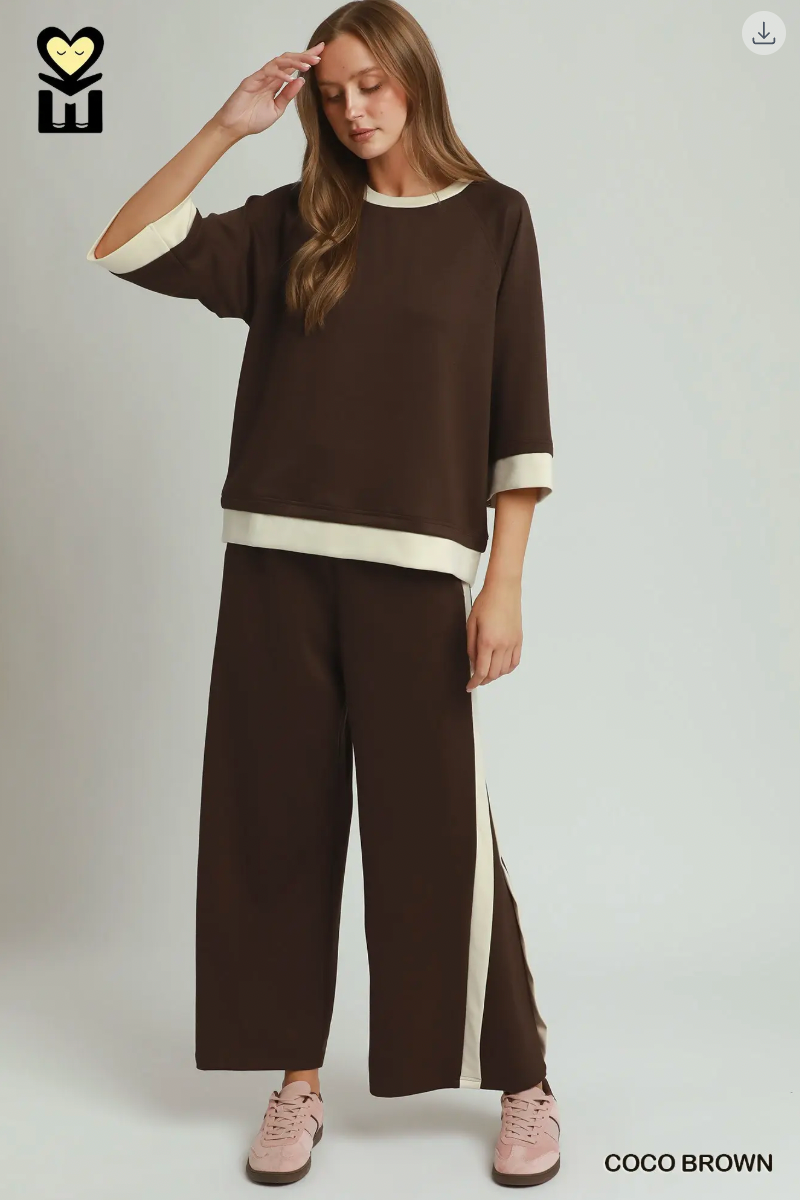 Umgee W Luxe Knit Colorblock Crew COCO BROWN