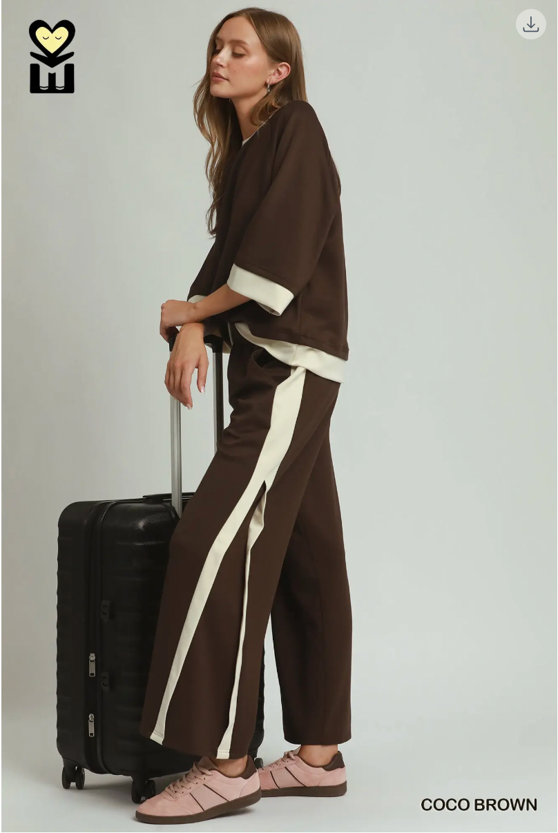 Umgee W Luxe Knit Colorblock Crew COCO BROWN
