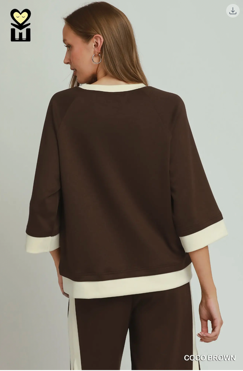 Umgee W Luxe Knit Colorblock Crew COCO BROWN