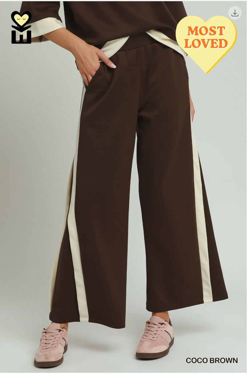 Umgee W Luxe Knit Colorblock Pants COCO BROWN