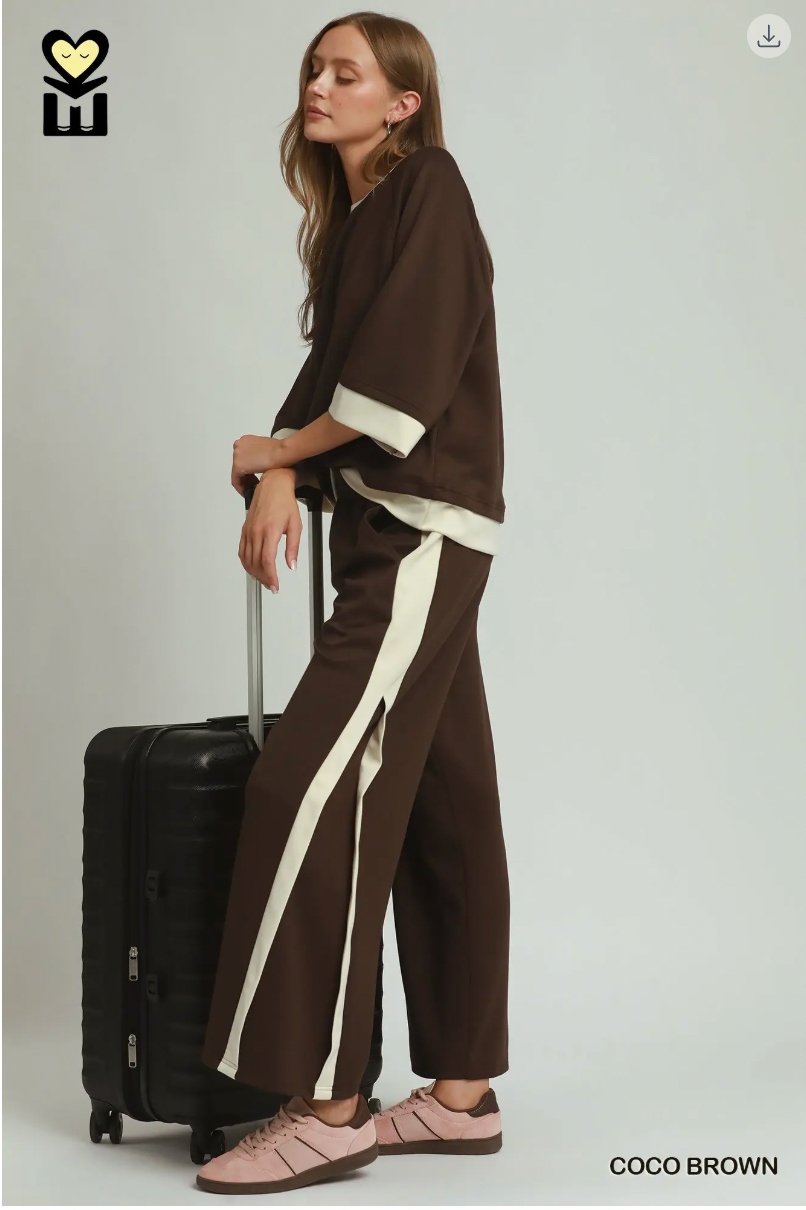 Umgee W Luxe Knit Colorblock Pants COCO BROWN