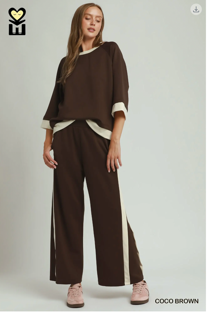 Umgee W Luxe Knit Colorblock Pants COCO BROWN
