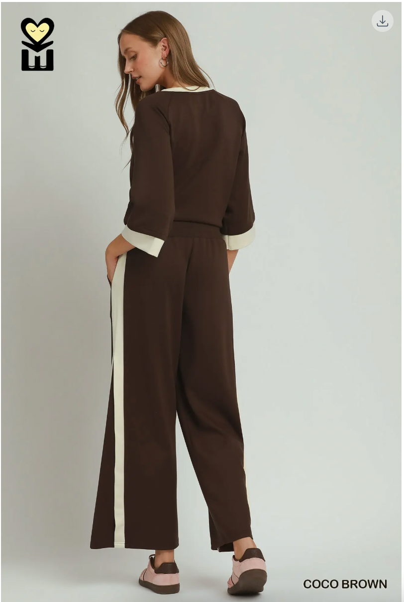 Umgee W Luxe Knit Colorblock Pants COCO BROWN