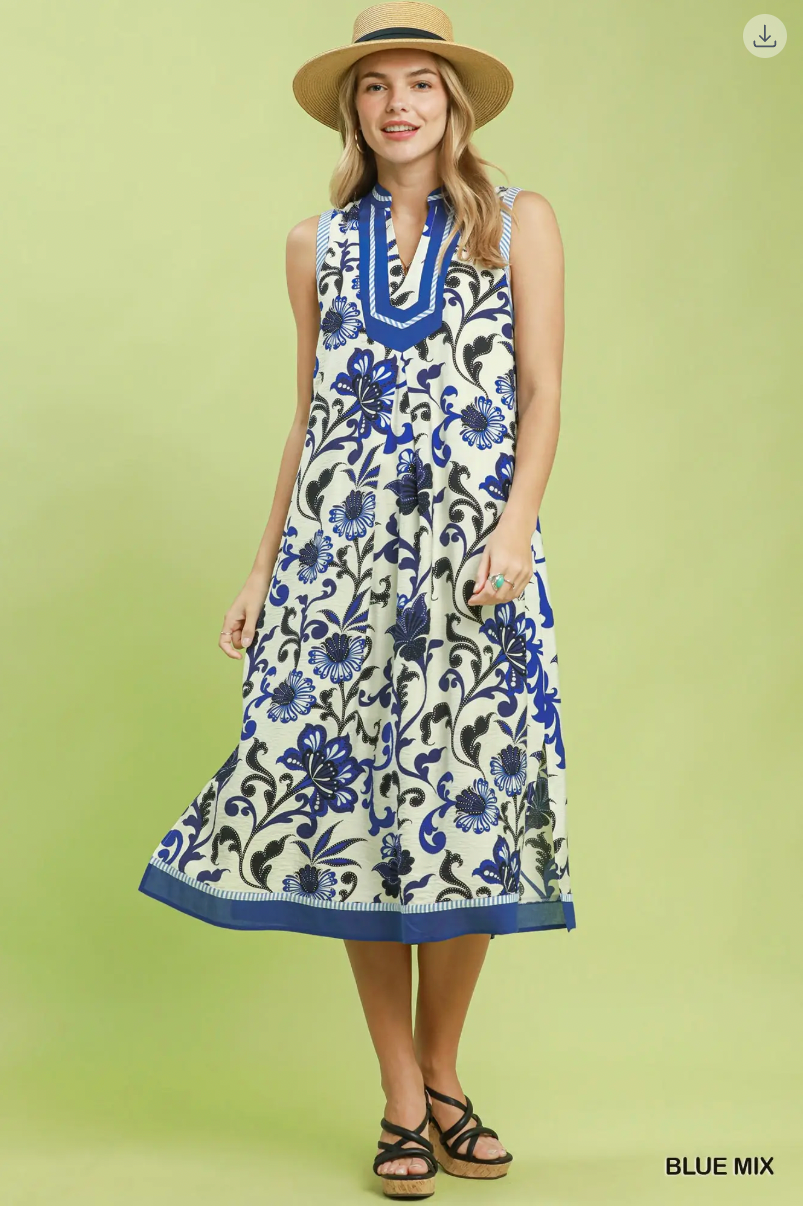 Umgee W Sleeveless Midi Dress Abstract Print BLUE