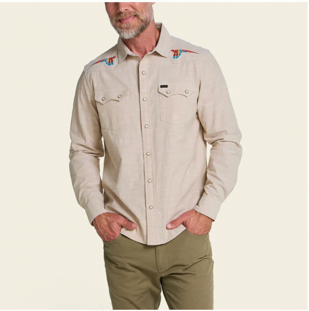 Howler Bros M LS Crosscut Deluxe Snapshirt PARROT PATROL DUNE CHAMBRAY