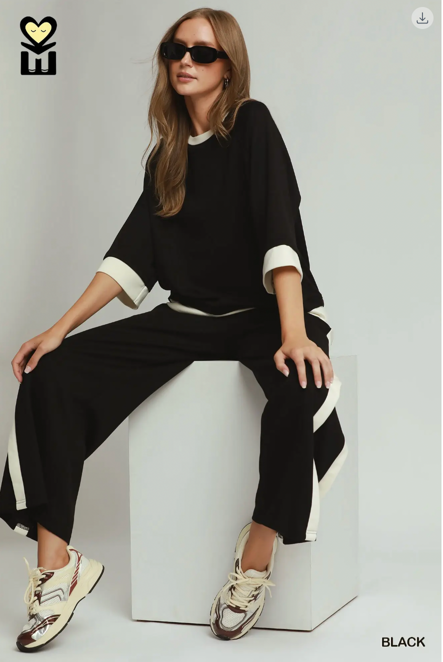 Umgee W Luxe Knit Colorblock Crew BLACK