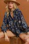 Umgee W Abstract Print V-Neck Top NAVY