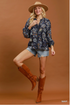 Umgee W Abstract Print V-Neck Top NAVY