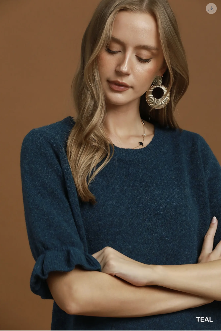 Umgee W SS Ruffle Sleeve Knit Sweater TEAL