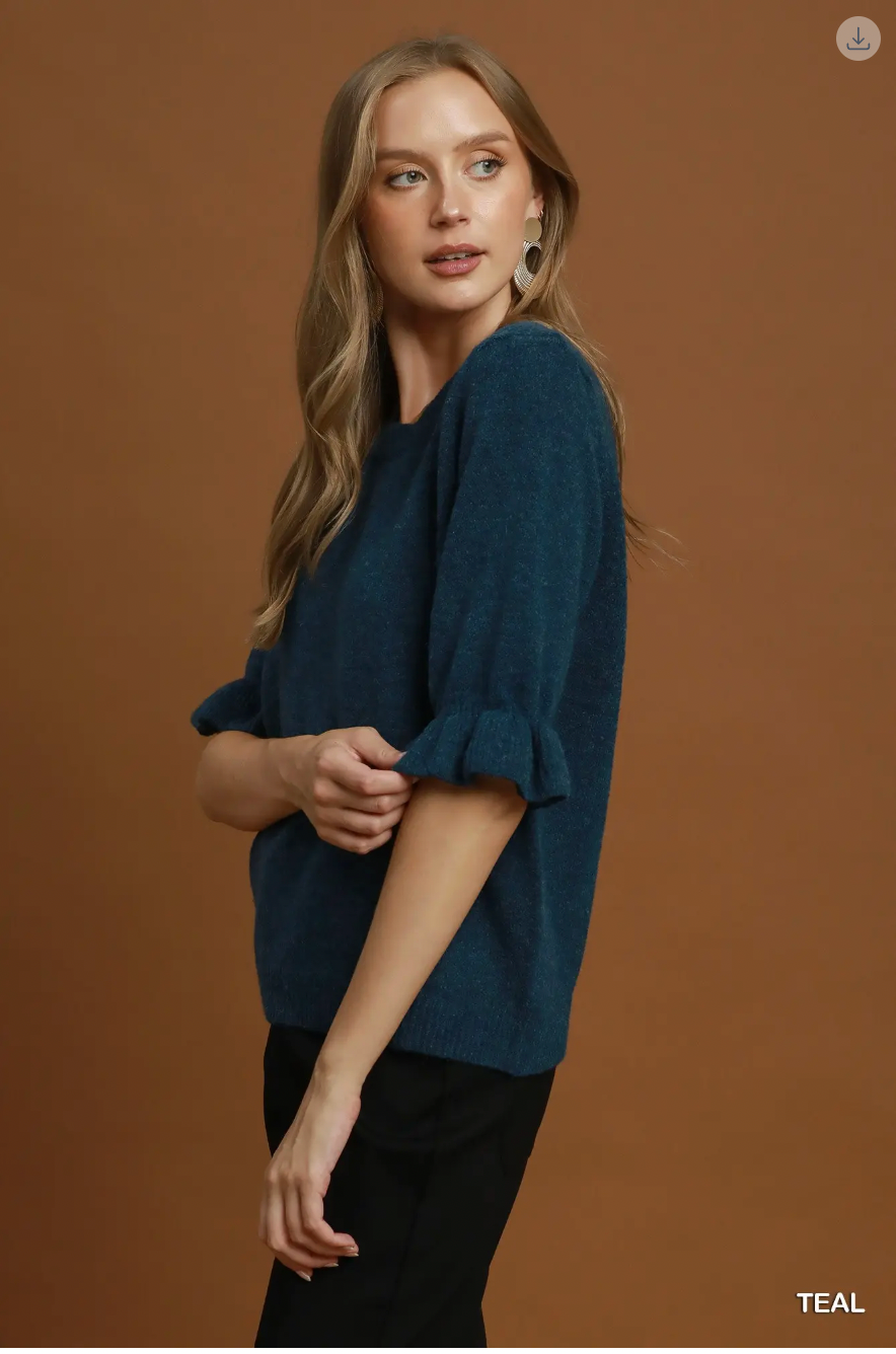 Umgee W SS Ruffle Sleeve Knit Sweater TEAL