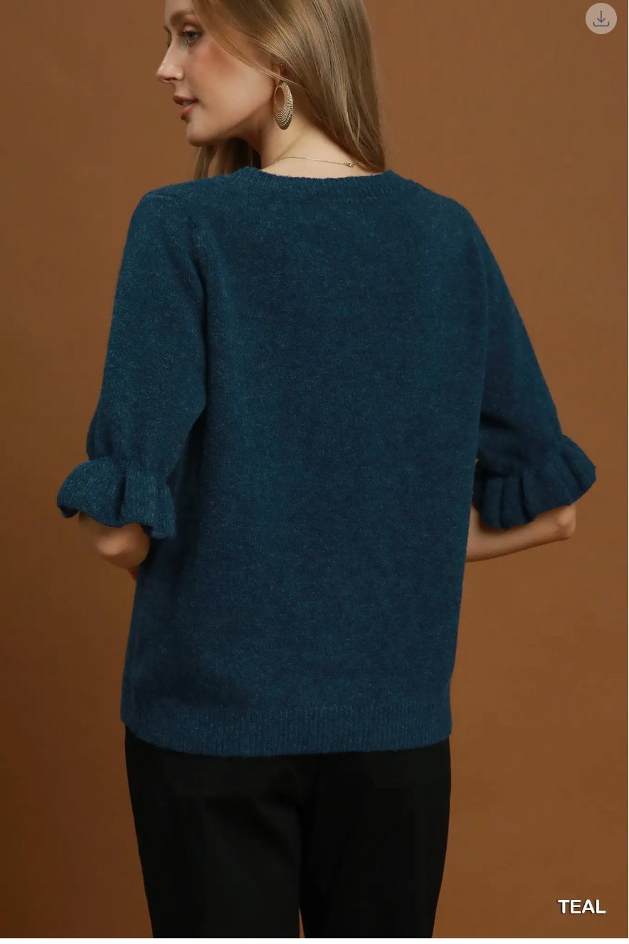 Umgee W SS Ruffle Sleeve Knit Sweater TEAL