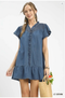 Umgee W Stone Washed Smocked Mini Dress LT DENIM