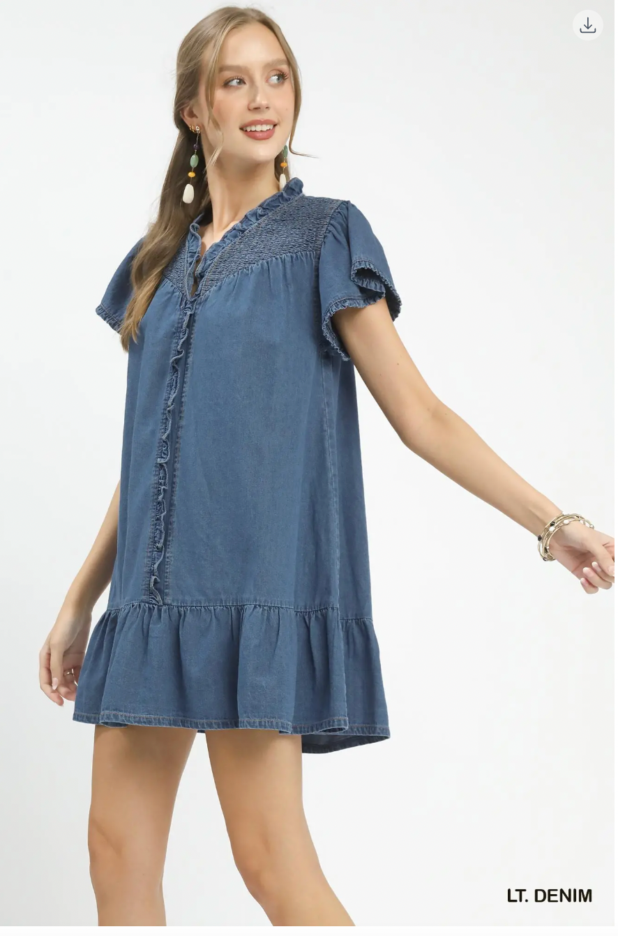 Umgee W Stone Washed Smocked Mini Dress LT DENIM