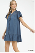 Umgee W Stone Washed Smocked Mini Dress LT DENIM
