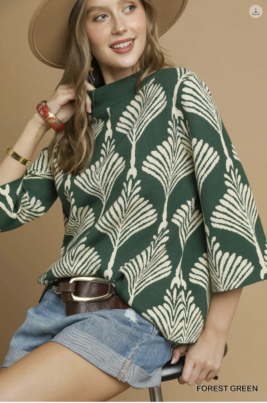 Umgee W Abstract Mock Neck Sweater FOREST GREEN