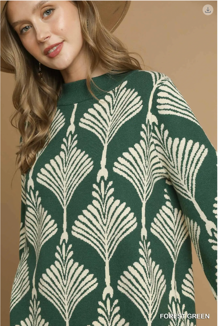 Umgee W Abstract Mock Neck Sweater FOREST GREEN