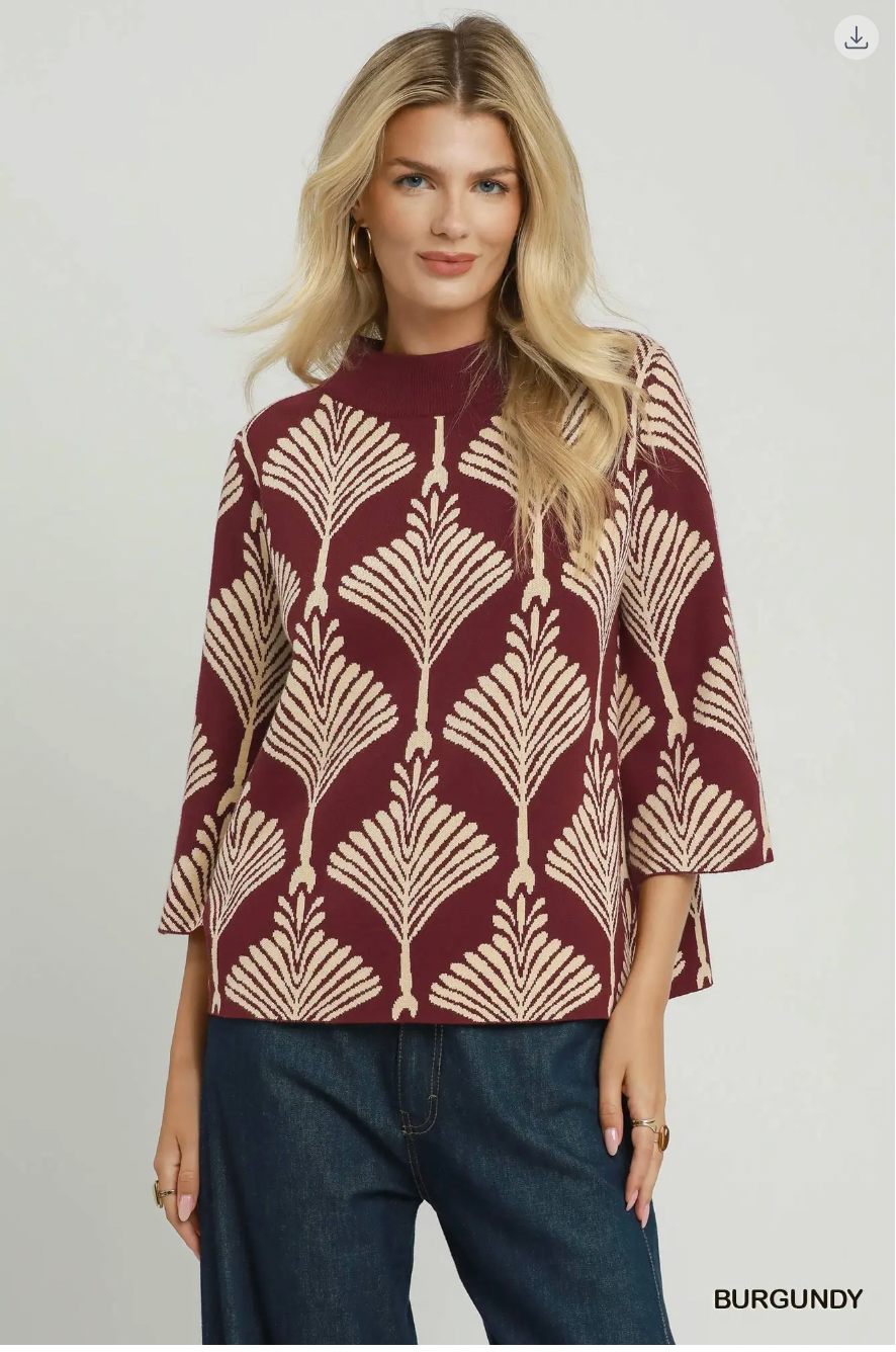 Umgee W Abstract Mock Neck Sweater BURGUNDY