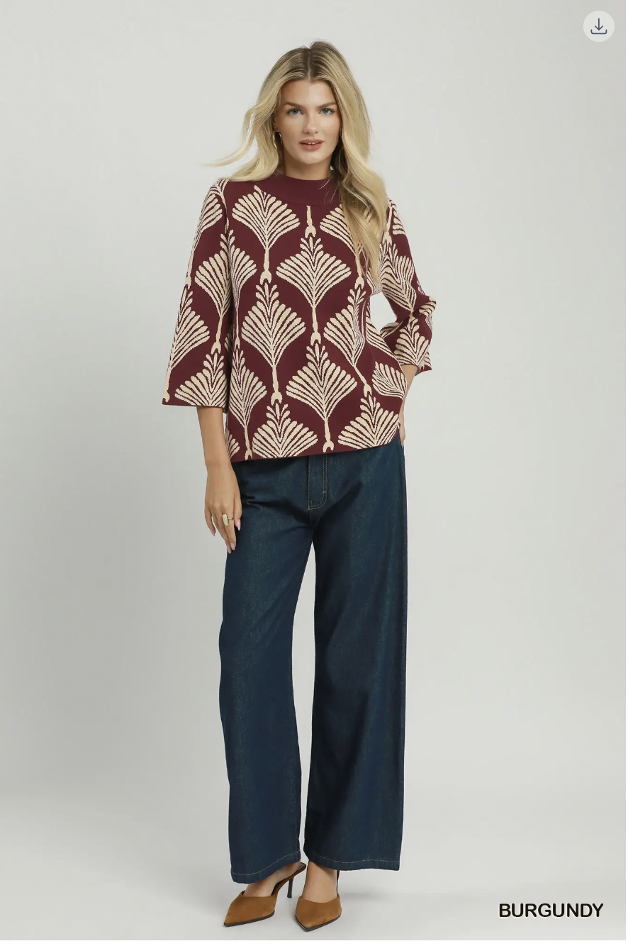 Umgee W Abstract Mock Neck Sweater BURGUNDY