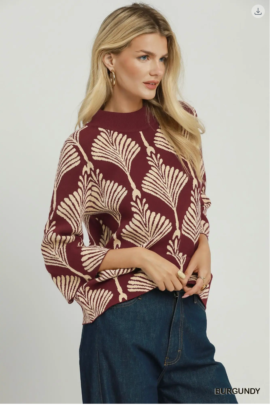 Umgee W Abstract Mock Neck Sweater BURGUNDY