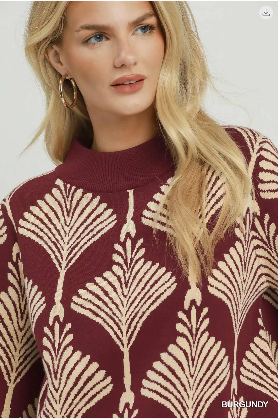Umgee W Abstract Mock Neck Sweater BURGUNDY