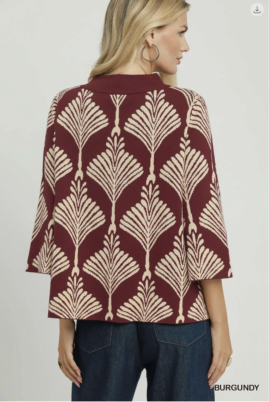 Umgee W Abstract Mock Neck Sweater BURGUNDY