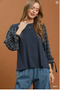 Umgee W LS Mixed Textured Plaid Sleeve Knit Top NAVY