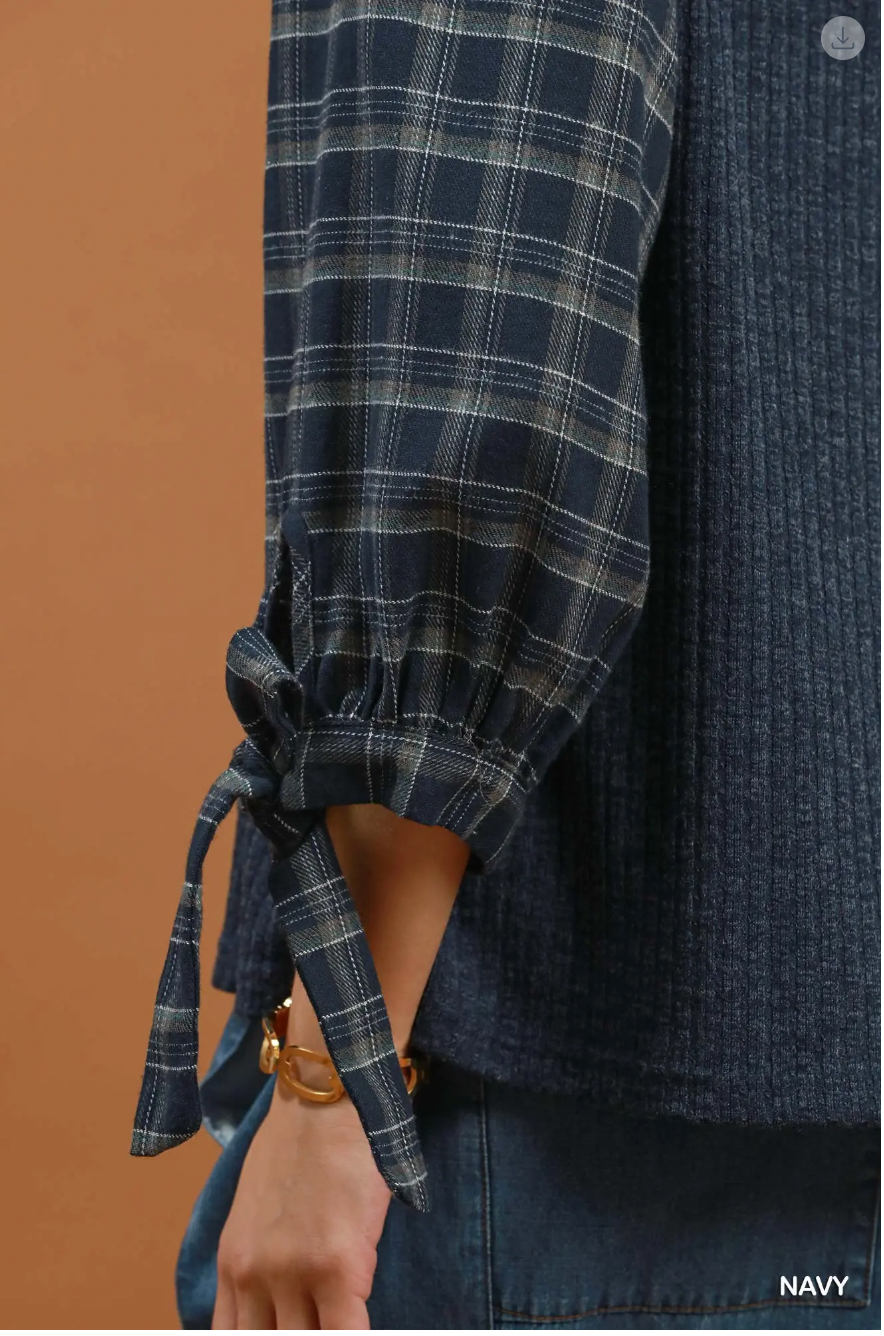 Umgee W LS Mixed Textured Plaid Sleeve Knit Top NAVY