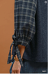 Umgee W LS Mixed Textured Plaid Sleeve Knit Top NAVY