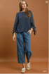 Umgee W LS Mixed Textured Plaid Sleeve Knit Top NAVY