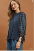 Umgee W LS Mixed Textured Plaid Sleeve Knit Top NAVY