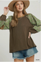 Umgee W LS Mixed Media Puff Sleeve Top OLIVE