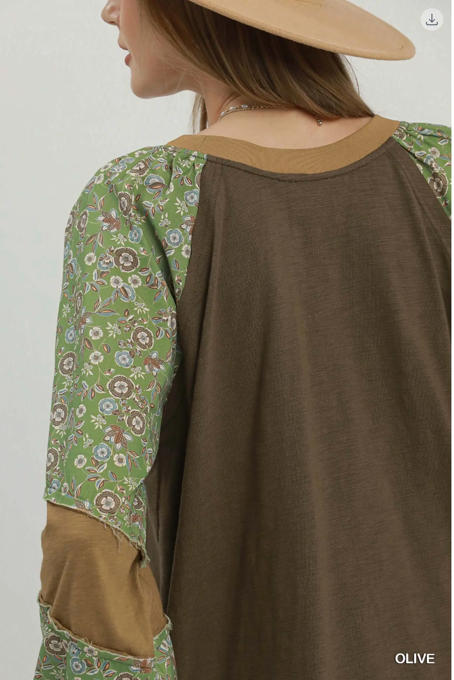 Umgee W LS Mixed Media Puff Sleeve Top OLIVE