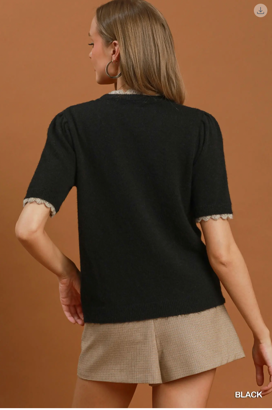Umgee W SS Ruffle Knit Sweater BLACK