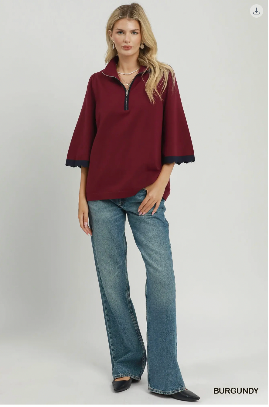 Umgee Half Zip Flare Sleeve Sweater BURGUNDY