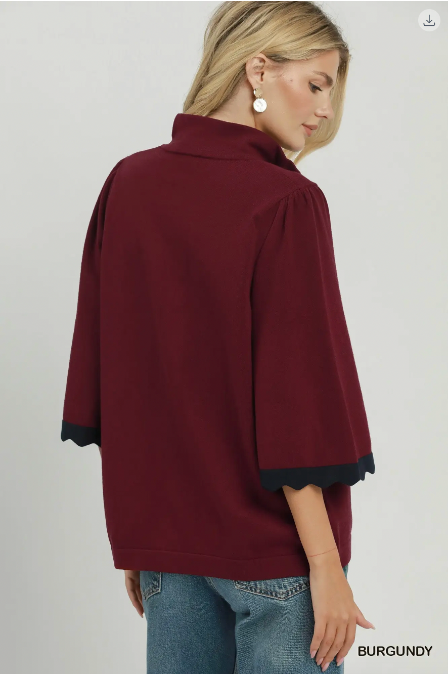 Umgee Half Zip Flare Sleeve Sweater BURGUNDY