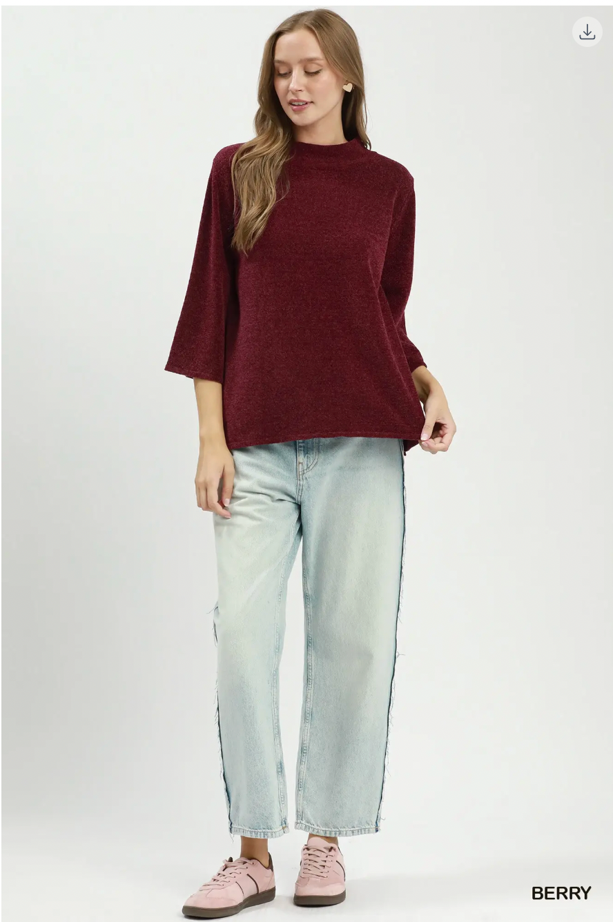 Umgee W Flare Sleeve Mock Neck Sweater BERRY