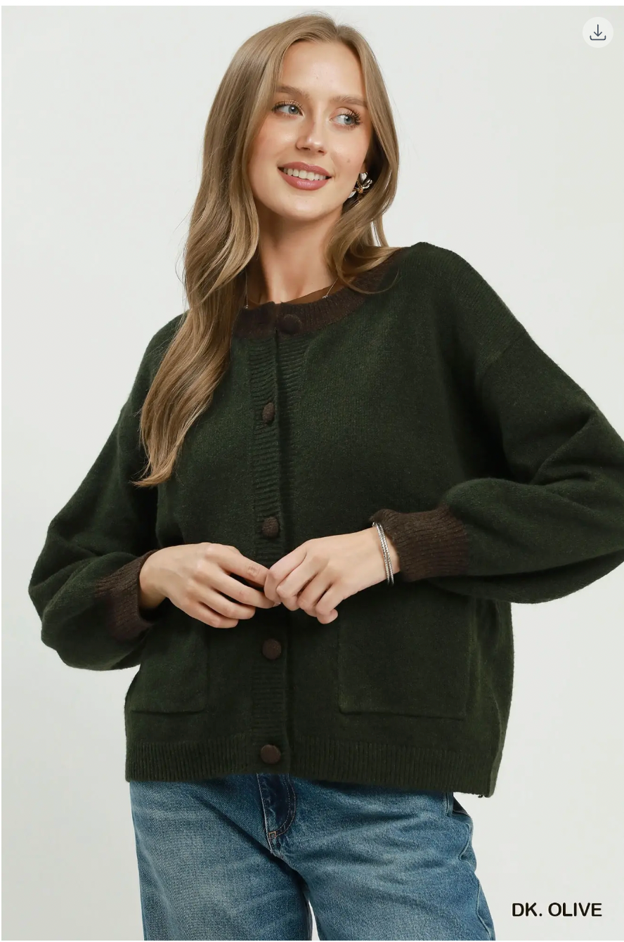 Umgee W Contrast Trim Cardigan DARK OLIVE